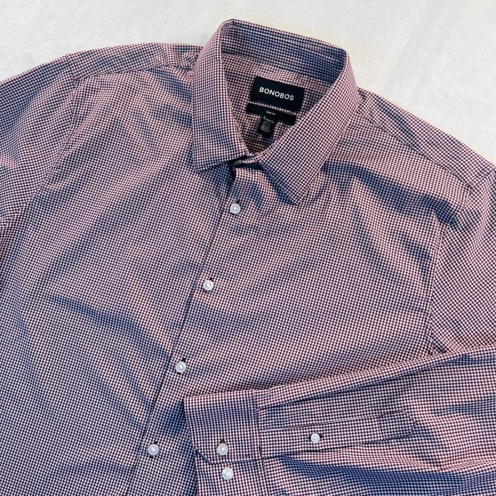 Bonobos Mens Slim Fit Gingham Button Down Shirt Burgundy White XL 1903981